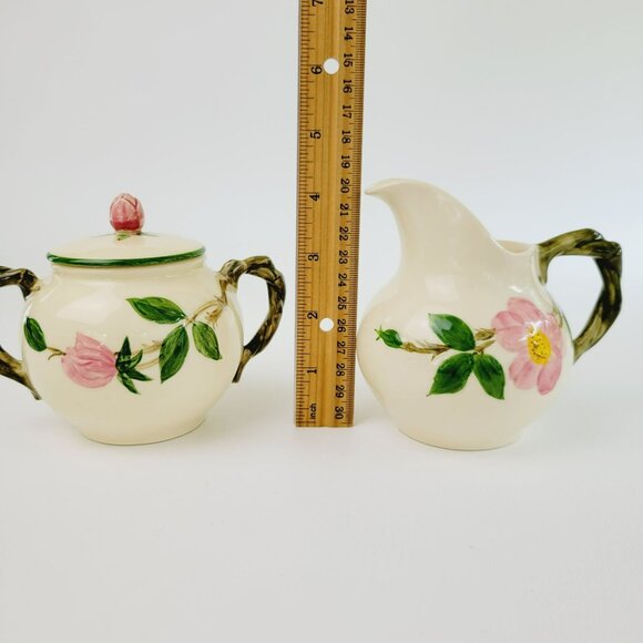 Franciscan Desert Rose GREEN TRIM Sugar Bowl & Creamer Pink Floral c.1949-53 - Picture 9 of 9